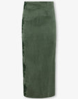 An olive green velvet midi skirt shown flat against a light gray background.