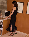 Anita Fringe Skirt full body side view in wooden room