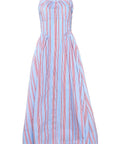 Striped dress with red and blue vertical stripes on a white background