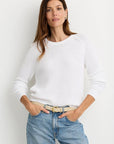 Raleigh Pullover in White close up front view on model
