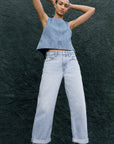 Donny Rolled Hem Boyfriend Jean front view, crinkled background