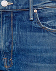 Close-up of blue denim jeans with stitching details