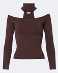 A dark brown ribbed knit off-the-shoulder sweater with a high mock neck collar, displayed on a clean light gray background.