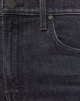 Close-up of dark washed denim jeans showing the waistband, button, belt loop, front pocket, and fabric texture.