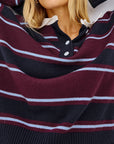 close up of stripe polo top worn by a model