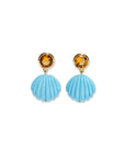 Pair of earrings with blue shell-like drops and gold accents on a white background