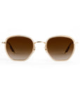 square sunglasses with a thin gold-tone metal frame and brown gradient lenses, shown against a plain white background.