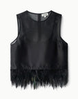 A black sleeveless top by STAKI, featuring a sheer mesh yoke, a smooth satin-like black body, and a voluminous black feather fringe hem, shown flat against a white background.