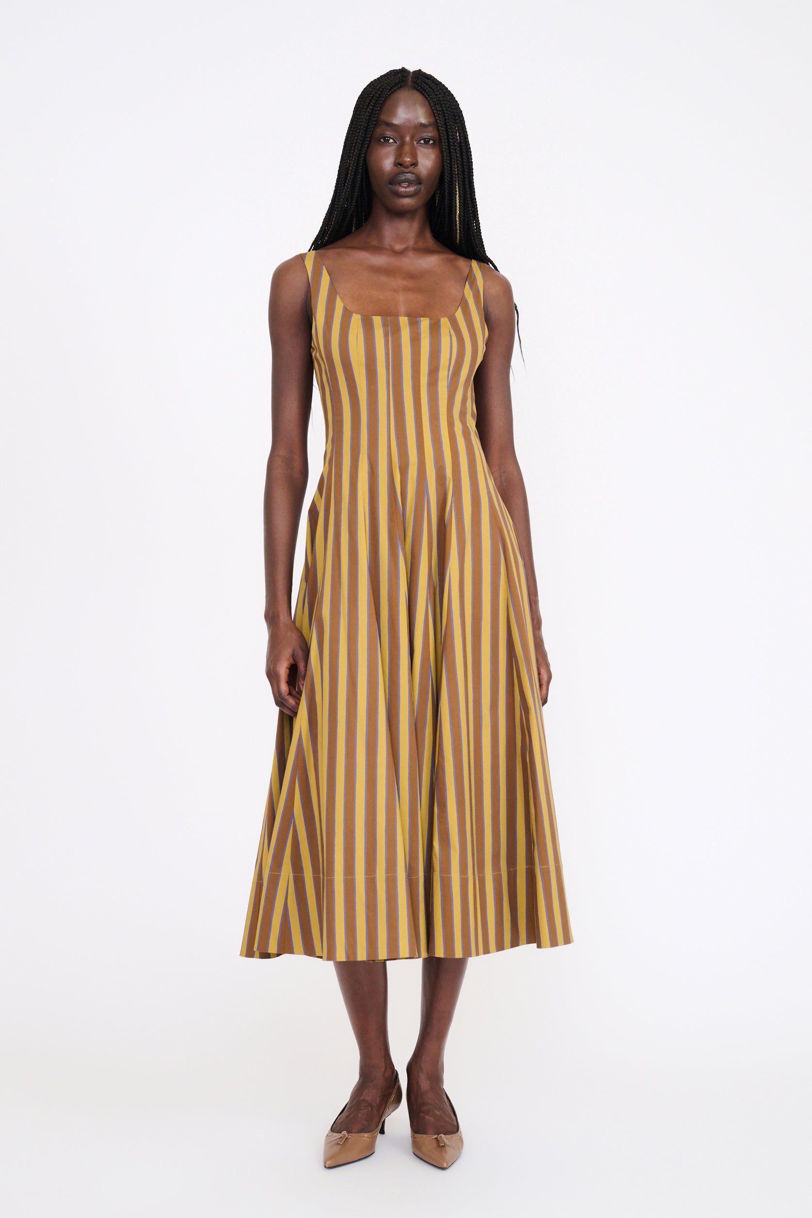 flats with midi dress STAUD Wells Striped Poplin Dress, Cigar Stri, Women's, 4 Womens Brogues Size:48 Jeanette Stretch Knit Long Measurements from size 0