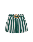 Green and white striped shorts with a raffia belt buckle on a white background