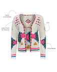Colorful hand-crocheted cardigan with geometric patterns on a white background