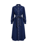 A navy blue long-sleeve midi dress with white contrast stitching, a pointed collar, and a matching self-tie belt at the waist, shown against a plain white background.