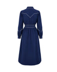 A navy blue long-sleeve midi dress shown from the back, featuring white contrast stitching along the shoulders, waist, and cuffs, set against a plain white background.