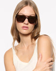 A woman with blonde hair wearing dark brown aviator-style sunglasses and a white tank top, photographed against a clean white background.