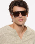 A man wearing dark brown aviator-style sunglasses with a square frame and a beige knit sweater, photographed against a clean white background.