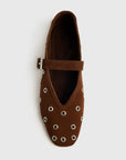 Brown flat shoe with eyelets on a white background