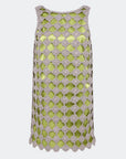 A sleeveless green dress featuring a textured, open-knit crochet pattern with a scalloped edge in a light gray.