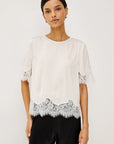 Woman wearing a white blouse with lace details on a plain background