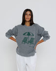 Out of Office Raglan Sweatshirt close up front view on model with hands on hips