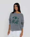Out of Office Raglan Sweatshirt close up front view on model with hands to her side