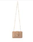 Beige handbag with a gold chain on a white background