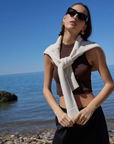 The Cropped Not So Basic Tank in Chocolate with sweater over shoulders
