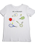 A white short-sleeve crewneck t-shirt featuring a colorful graphic of tennis rackets, a tennis ball, and hands with the text 'ITS A RACKET' printed on the chest.