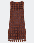 A sleeveless brown crochet lace dress with an open geometric pattern and a scalloped tassel hem, shown against a light gray background.