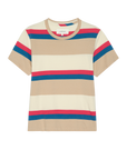 Beige t-shirt with red and blue stripes on a white background