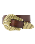 Brown belt with a large gold buckle on a white background