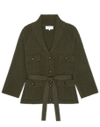 An olive green knit cardigan with a shawl collar, front button closure, two chest flap pockets, two lower patch pockets, and a matching waist tie, shown on a plain white background.