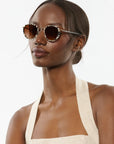 Tate Domino 18k Sunglasses on model with narrow, oval face shape