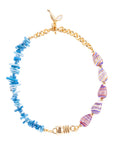 Necklace with blue and multicolored beads on a white background