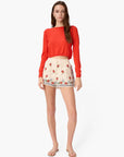 Jaye Cropped Knit Top Goji and Oslo Silk Cotton Short Heirloom Bandana full body front