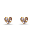 Heart-shaped earrings with purple stones on a white background