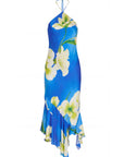 photo of a blue dress with white flowers on a white background