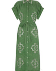 Green dress with floral patterns on a white background