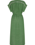 Green dress with white trim on a white background