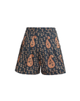 A pair of high-waisted shorts featuring a black base with a detailed paisley pattern in rust orange and small white floral motifs, shown against a plain white background.