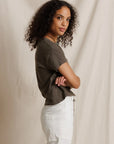 Alanis V-Neck Tee in Dark Olive side view on model