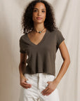 Alanis V-Neck Tee in Dark Olive front view on model