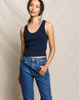 Blondie Tank in Navy front view on model