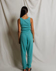 The Blondie Tank in Teal Blue back view on model