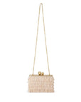 Natural colored bag with gold strap on a white background