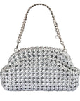 Silver woven handbag with chain shoulder strap on a white background