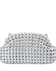 Silver woven clutch bag on a white background