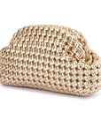 Gold woven clutch bag on a white background