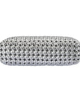 Silver woven clutch bag on a white background bottom view