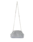 Silver woven clutch bag with long chain strap on a white background