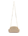 Gold beaded handbag with a chain strap on a white background